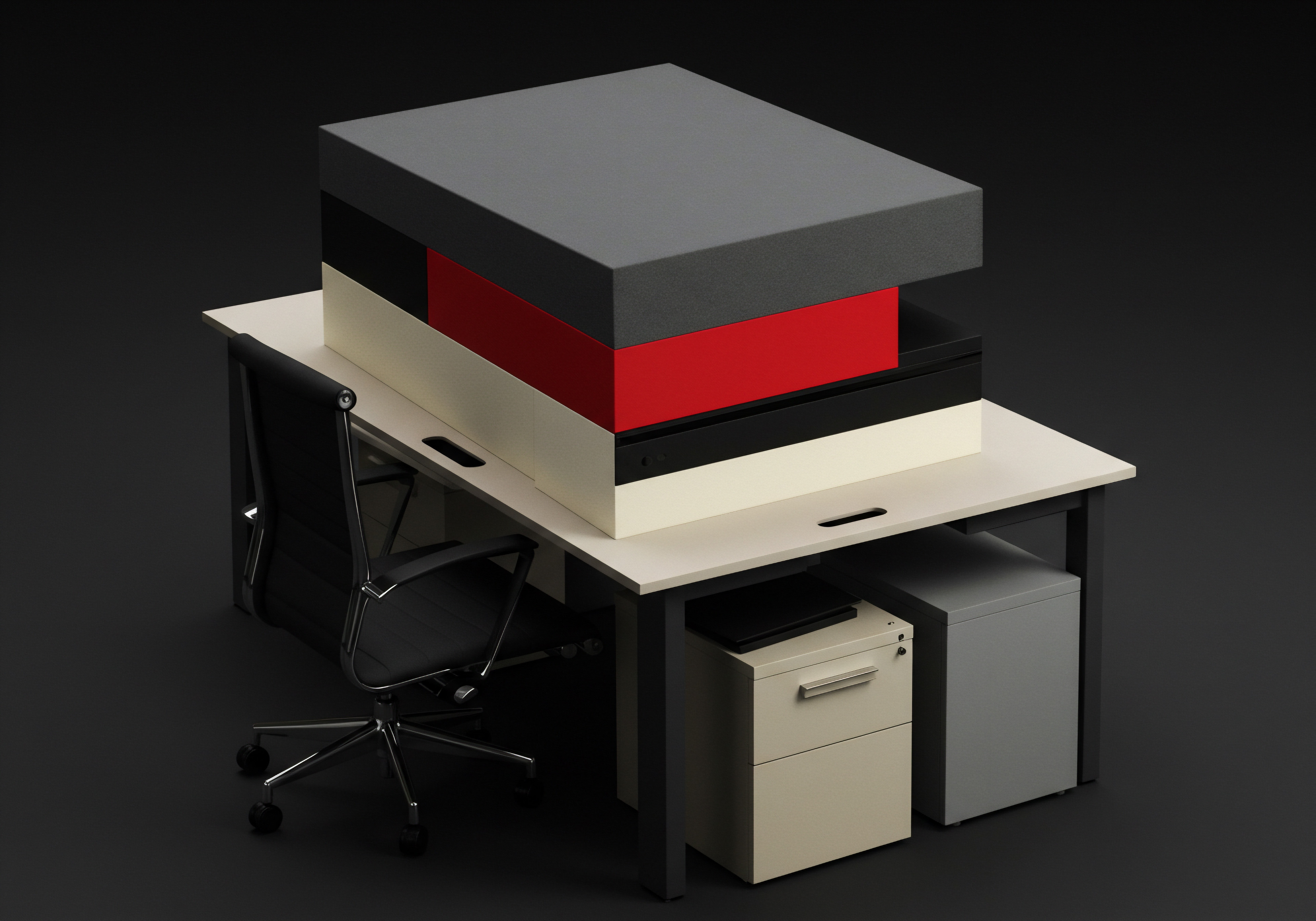 Scaling SMB Business Operations An Isometric Office Scene with Organizational Structure An isometric shot emphasizes office desks and stacked boxes illustrating organizational business management which poses scaling challenges for an SMB moving to a medium sized business. An office chair is neatly placed near a desk filled with filing cabinets signifying the use of enterprise resource planning software. The setup underscores the importance of automated process workflows digital transformation and strategy business plans required by business owners to drive productivity optimization for greater profit.