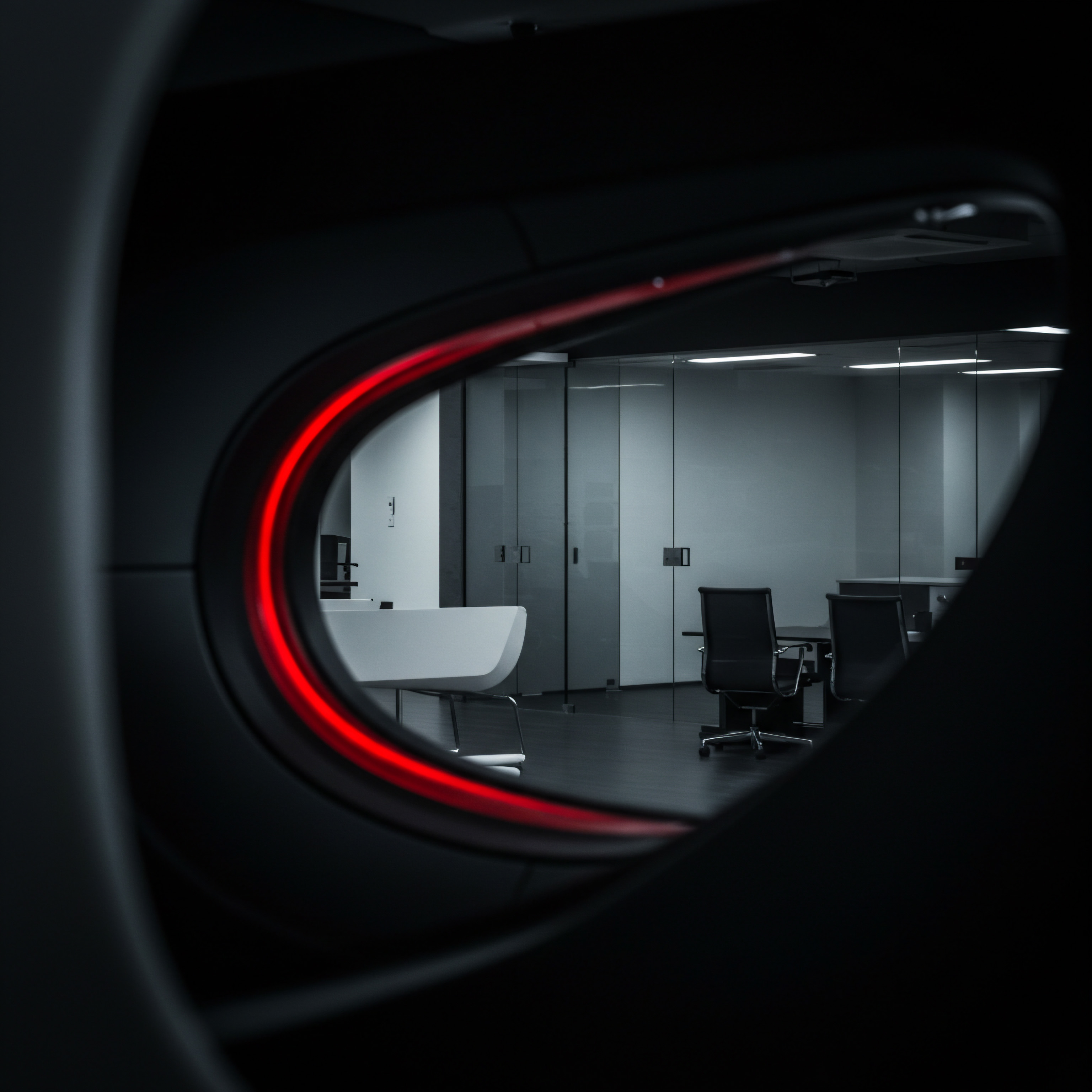 Small Business Innovation Modern Workplace Seen Through a Technological Aperture Focusing on Future This composition presents a modern office workplace seen through a technological viewport with a bright red accent suggesting forward motion. The setup features desks, chairs, and glass walls intended for teamwork, clients, and meetings. The sleek workspace represents streamlining business strategies, connection, and innovation solutions which offers services such as consulting.