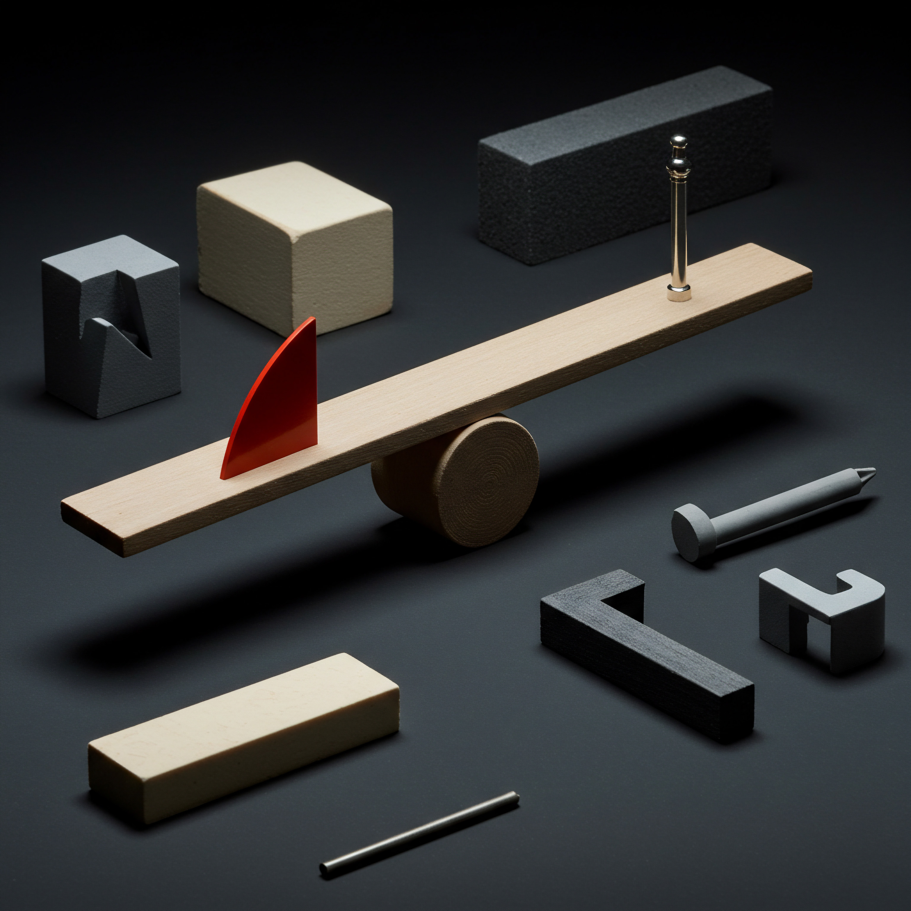 SMB Business Growth on a Seesaw Balancing Digital Transformation for Entrepreneurs The image features geometric forms including blocks and cylinders set up as an abstract expression of small business growth through leadership. Representing how startups and entrepreneurs can strive for financial achievement while keeping the right balance to maintain sustainability. This could stand for the automation tools the need to consider.