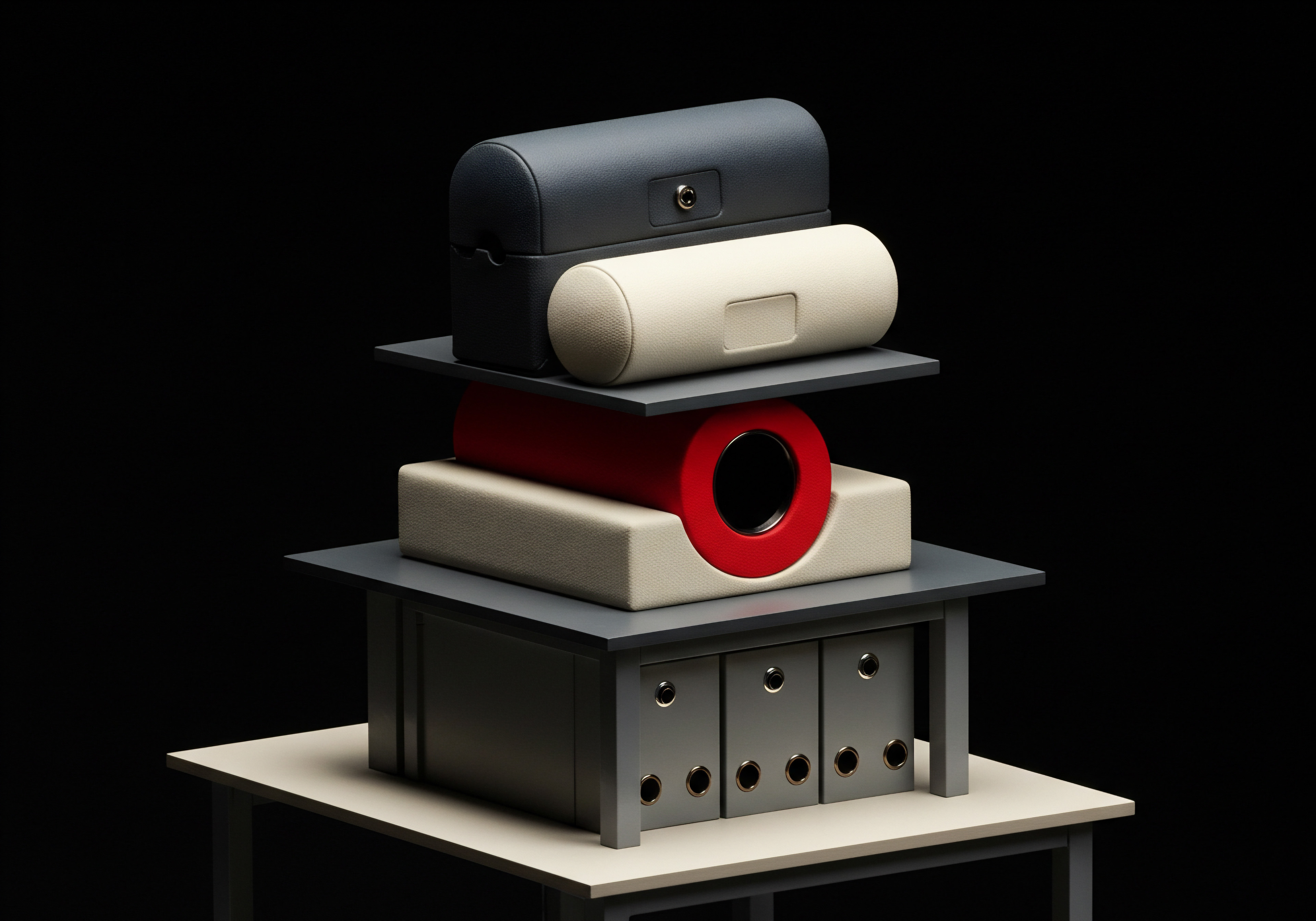 A whimsical tower of organized chaos stands against a stark black background, representing the multi faceted approach Small Business face when scaling. The arrangement features a grey table grounding three file boxes showcasing how essential operations are supported. Above a series of stacked objects create a business strategy plan involving a red tube atop a cream rectangle. The top level has two stacked objects representing professional consulting with automation for optimal efficiency. The whole structure represents the challenges and solutions within Business Technology. A metaphor for the importance of innovation management, problem solving, and clear goals when developing successful workflows as businesses navigate digital transformation using a growth hacking framework. All these elements coming together as a collaborative approach represent a focus to achieve Business Success in the marketplace.