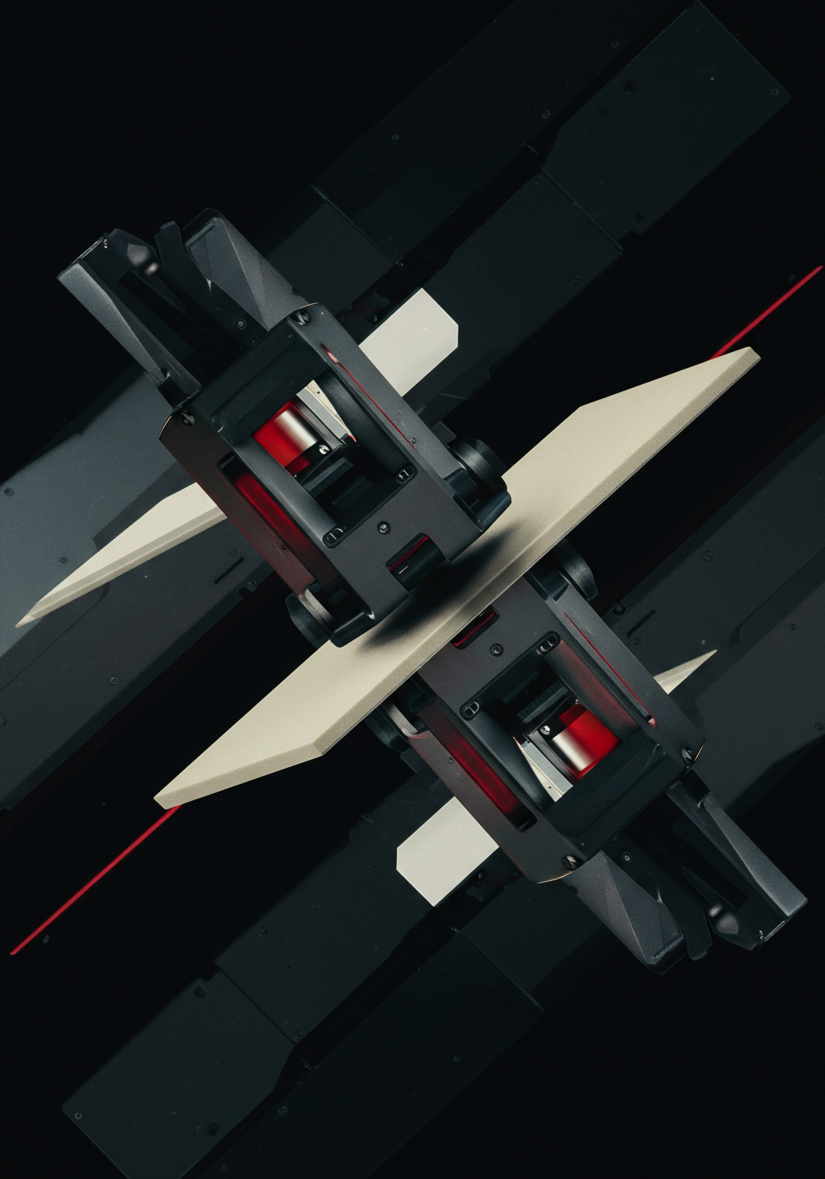 Strategic Automation Framework Digital Transformation Implementation for Scaling SMB Business Growth The image depicts an abstract and streamlined system, conveying a technology solution for SMB expansion. Dark metallic sections joined by red accents suggest innovation. Bisecting angled surfaces implies efficient strategic planning to bring automation to workflows in small business through technology.