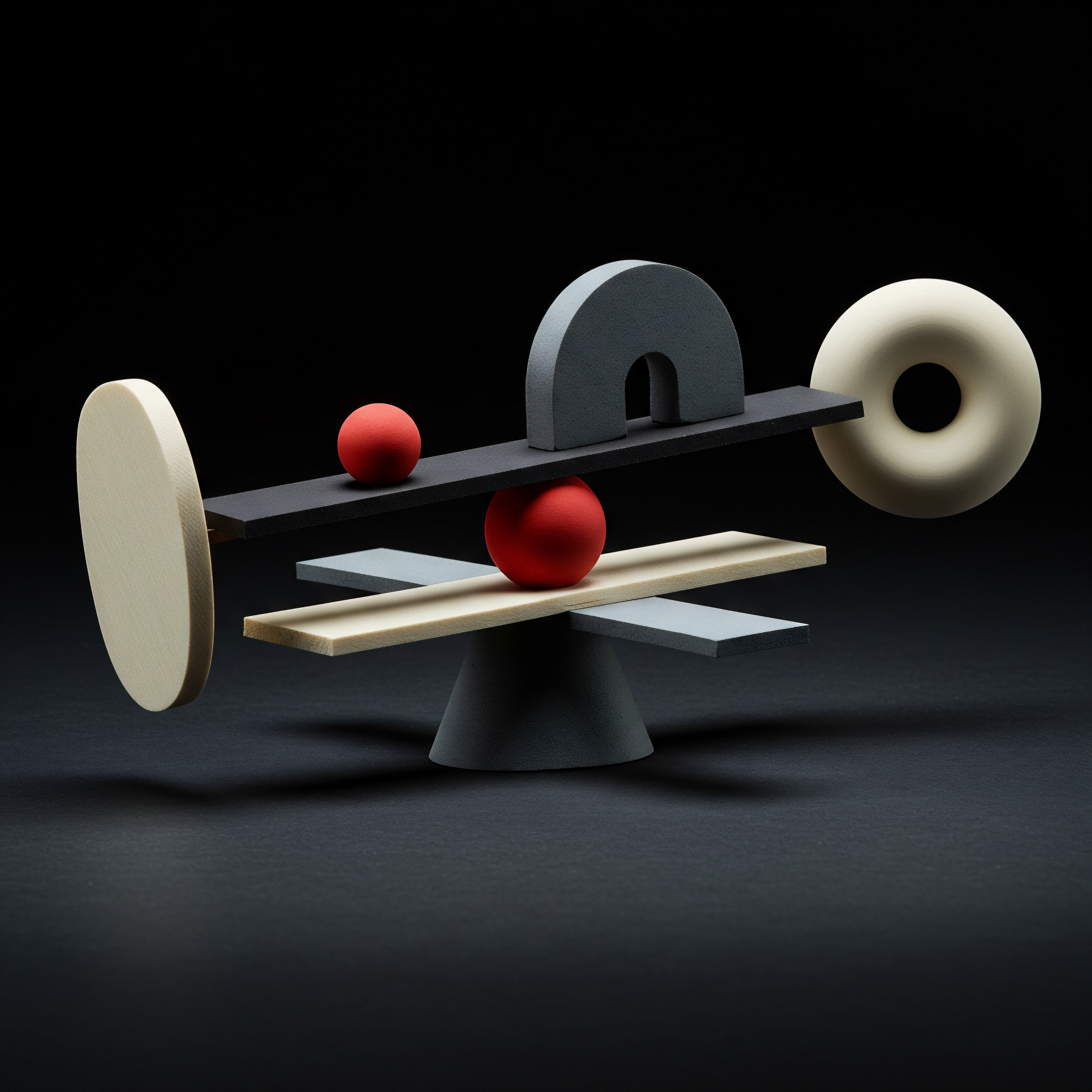 Strategic Business Development Image of Balanced Growth and Automated Processes for SMB This balanced arrangement of shapes suggests a focus on scaling small to magnify medium businesses. Two red spheres balance gray geometric constructs, supported by neutral blocks on a foundation base. It symbolizes business owners' strategic approach to streamline workflow automation.