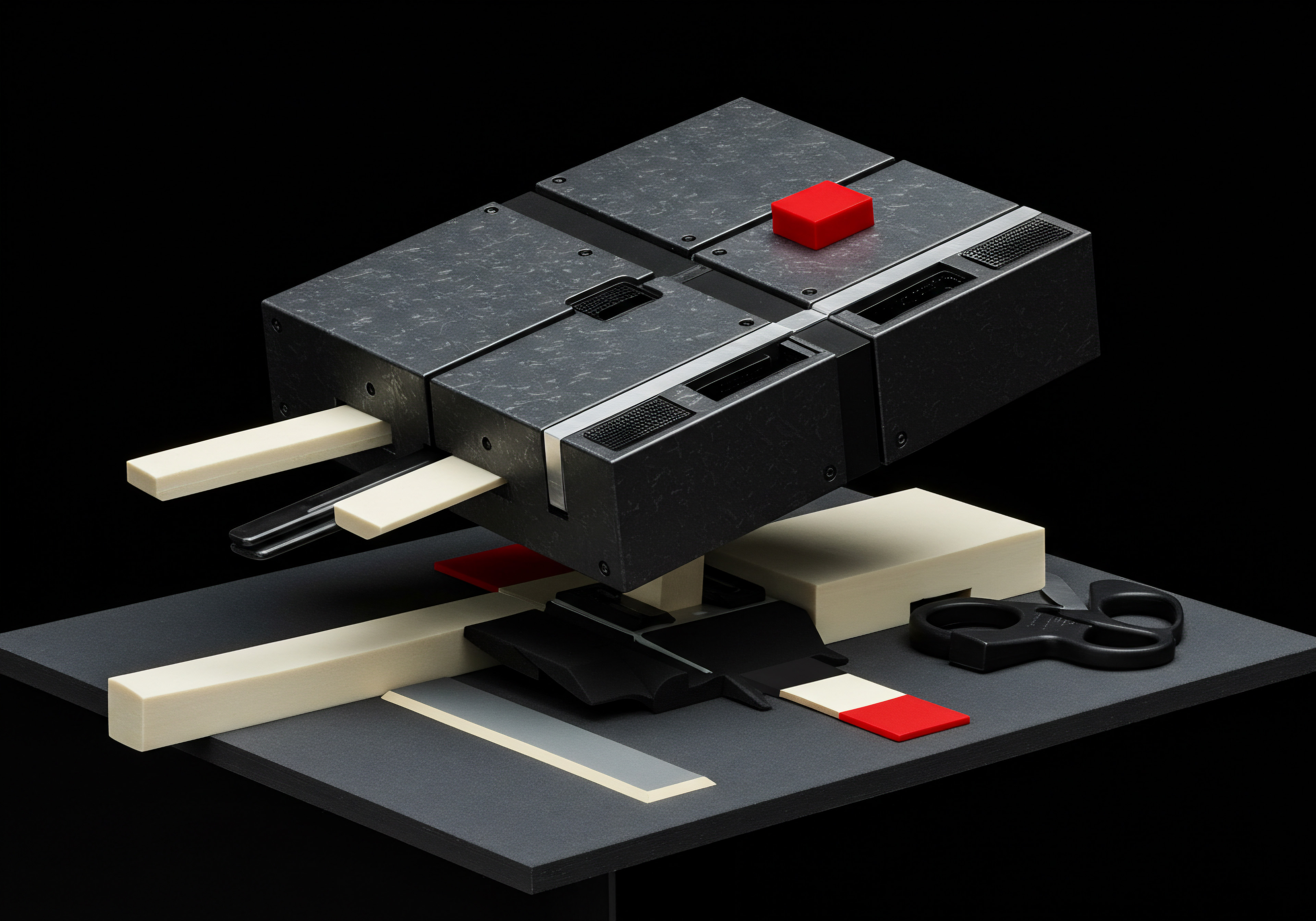 Strategic Business Solutions Scaling Automation and Growth for Medium Small Businesses The composition depicts strategic scaling automation for business solutions targeting Medium and Small businesses. Geometrically arranged blocks in varying shades and colors including black, gray, red, and beige illustrates key components for a business enterprise scaling up. One block suggests data and performance analytics while a pair of scissors show cutting costs to automate productivity through process improvements or a technology strategy.