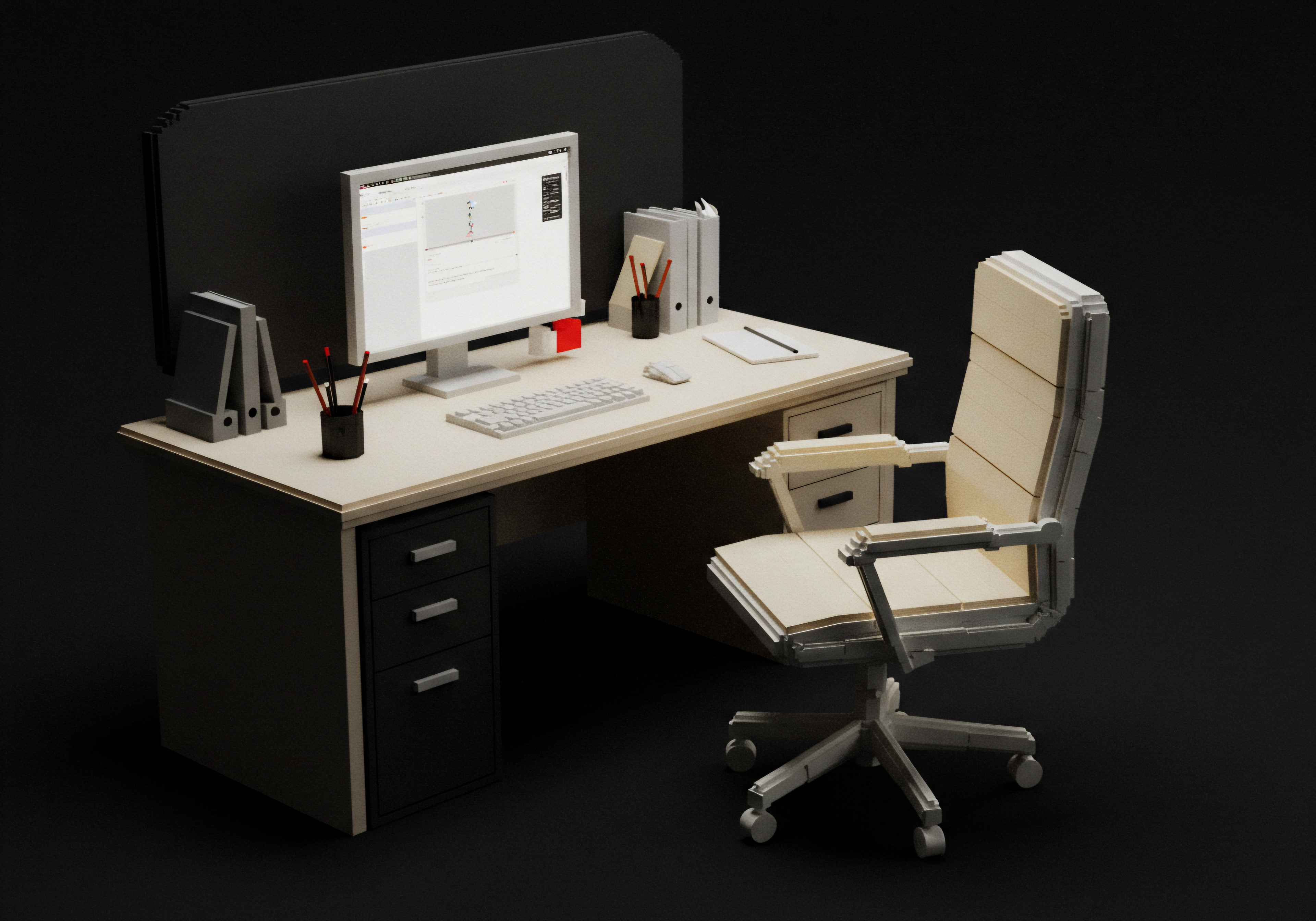 A pixelated image depicts an office scene centered on SMB business strategy, growth, automation and implementation, ideal for entrepreneurs. The composition features a computer atop a light colored desk set against a solid black backdrop to provide focus and direction to business automation concepts. Office supplies, like penholders and binders, sit neatly near the computer with digital content showing dashboards and charts. The ergonomic office chair symbolizes enhanced workplace performance. Key components are designed to present concepts of digital transformation for small and medium business through AI, business automation and digital tools emphasizing growth hacking and scaling strategy with focus on marketing, sales, operational efficiency and process automation within an SMB workplace environment.