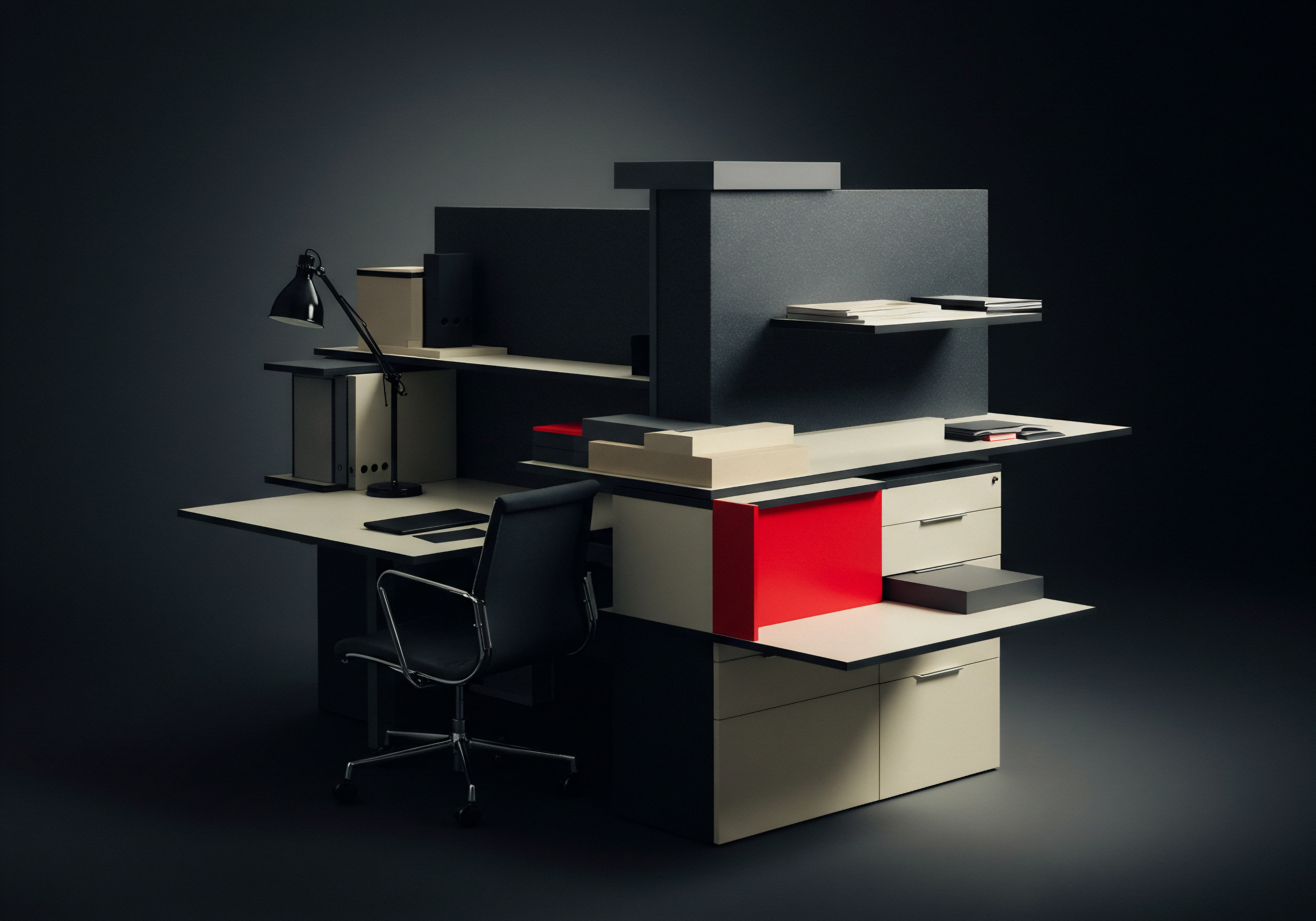 Streamlined Workspace SMB Innovation Business Growth Automation for Expanding Enterprise The modern desk setup depicts streamlined professional efficiency for Small Business or scaling enterprises. Multiple tiers display items such as a desk lamp notebooks files and a rolling chair. The functional futuristic design aims to resonate with the technology driven world.