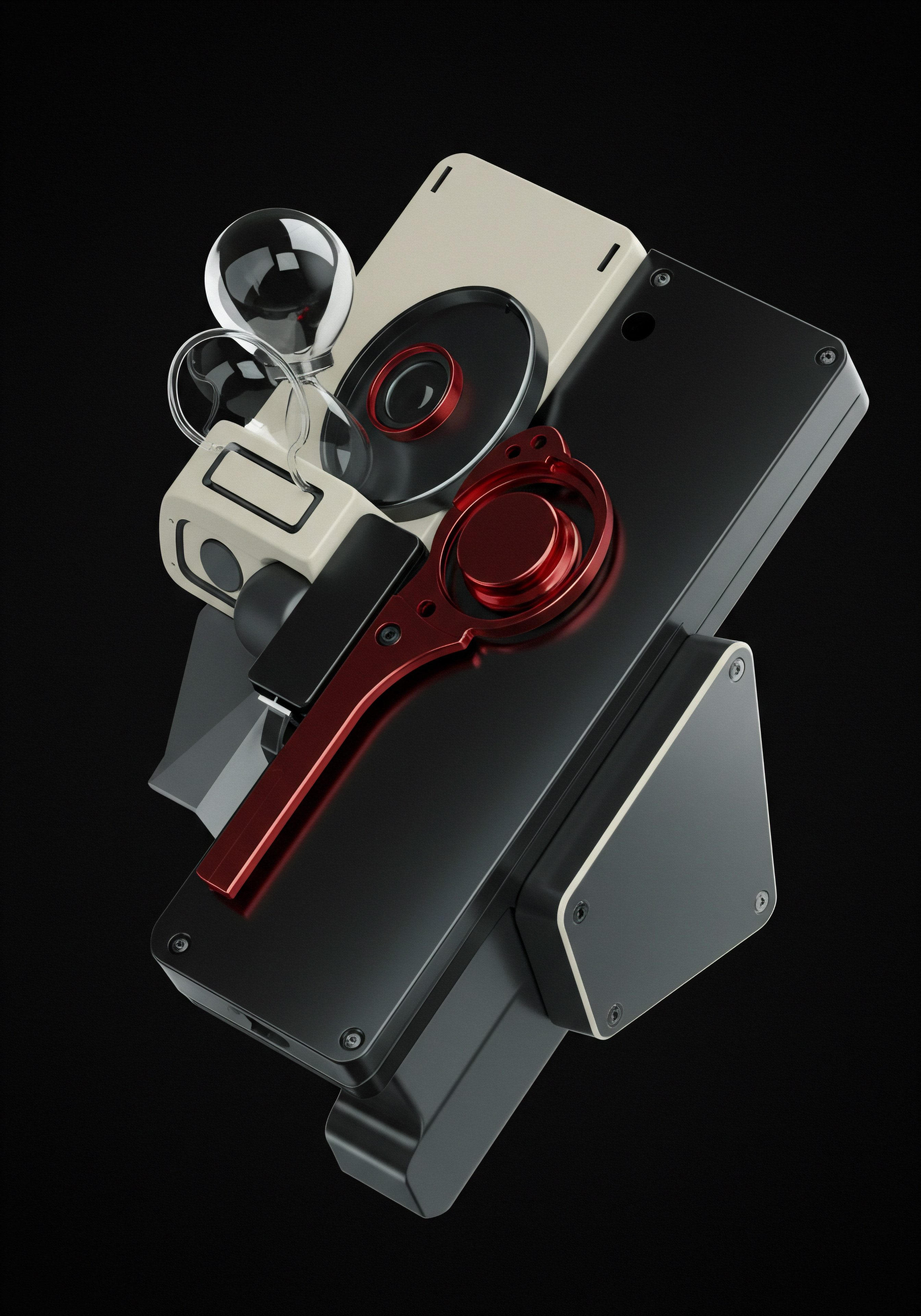 Seen is a modern styled abstract rendering encompassing the concept of business technology innovation essential for small to medium business success. A complex composition integrates a black and beige platform juxtaposed with translucent hourglass elements and metallic red accents suggesting process automation and data analysis crucial for optimization. The imagery promotes productivity improvement. Growth and scaling, integral for entrepreneurs and business owners, require strategic planning. The composition resonates with marketing strategy implementation for online business and e commerce driving sales growth. Solutions focus on operational efficiency using software solutions for sustainable progress in business development to dominate market share and achieve a competitive advantage.