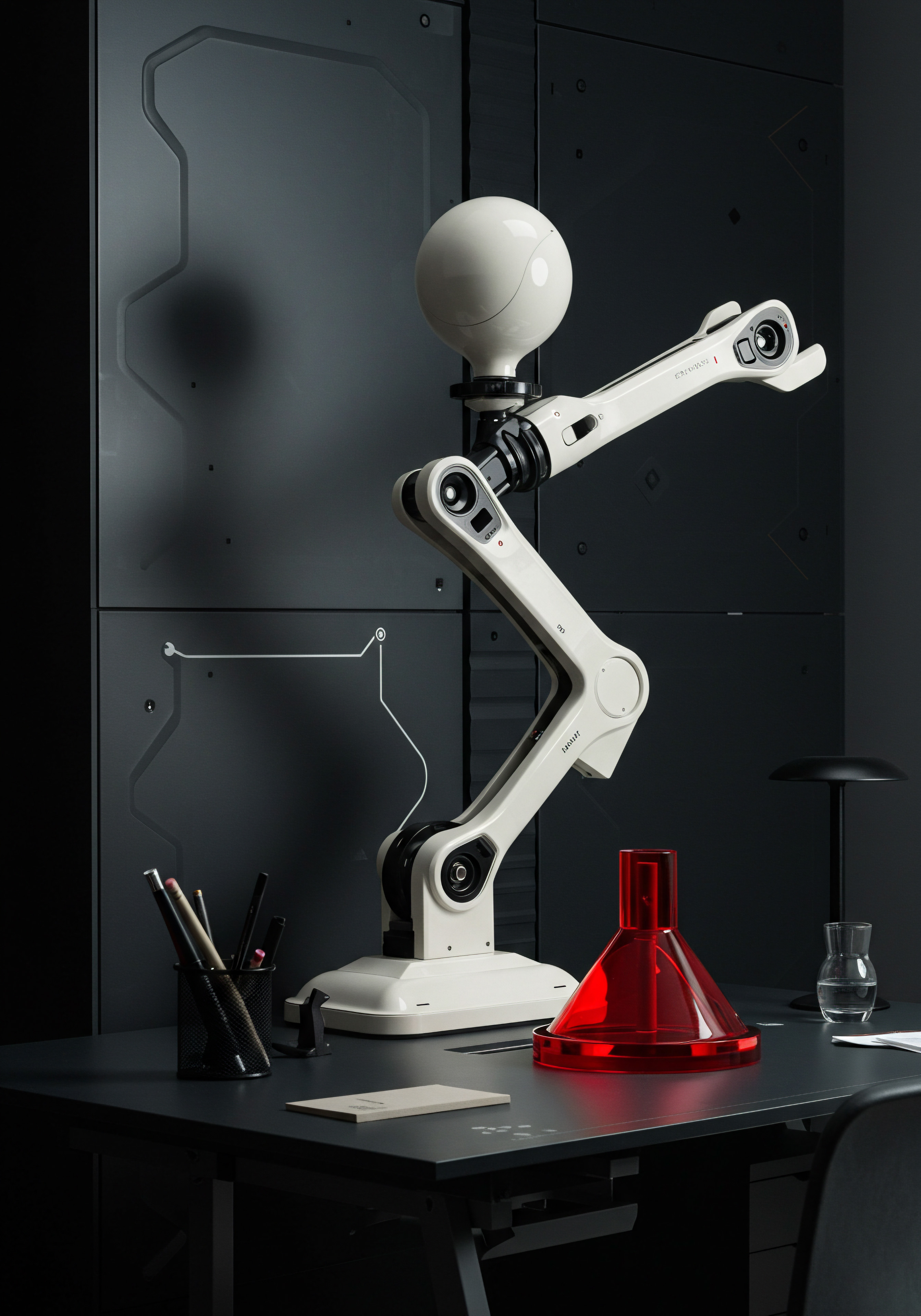 Technology Drives Growth Strategy Implementation a Workplace Automation Robotic Arm Assistant A robotic arm on a modern desk, symbolizes automation for small and medium businesses. The setup suggests streamlined workflow optimization with digital tools increasing efficiency for business owners. The sleek black desk and minimalist design represent an environment focused on business planning and growth strategy which is critical for scaling enterprises and optimizing operational capabilities for a marketplace advantage.