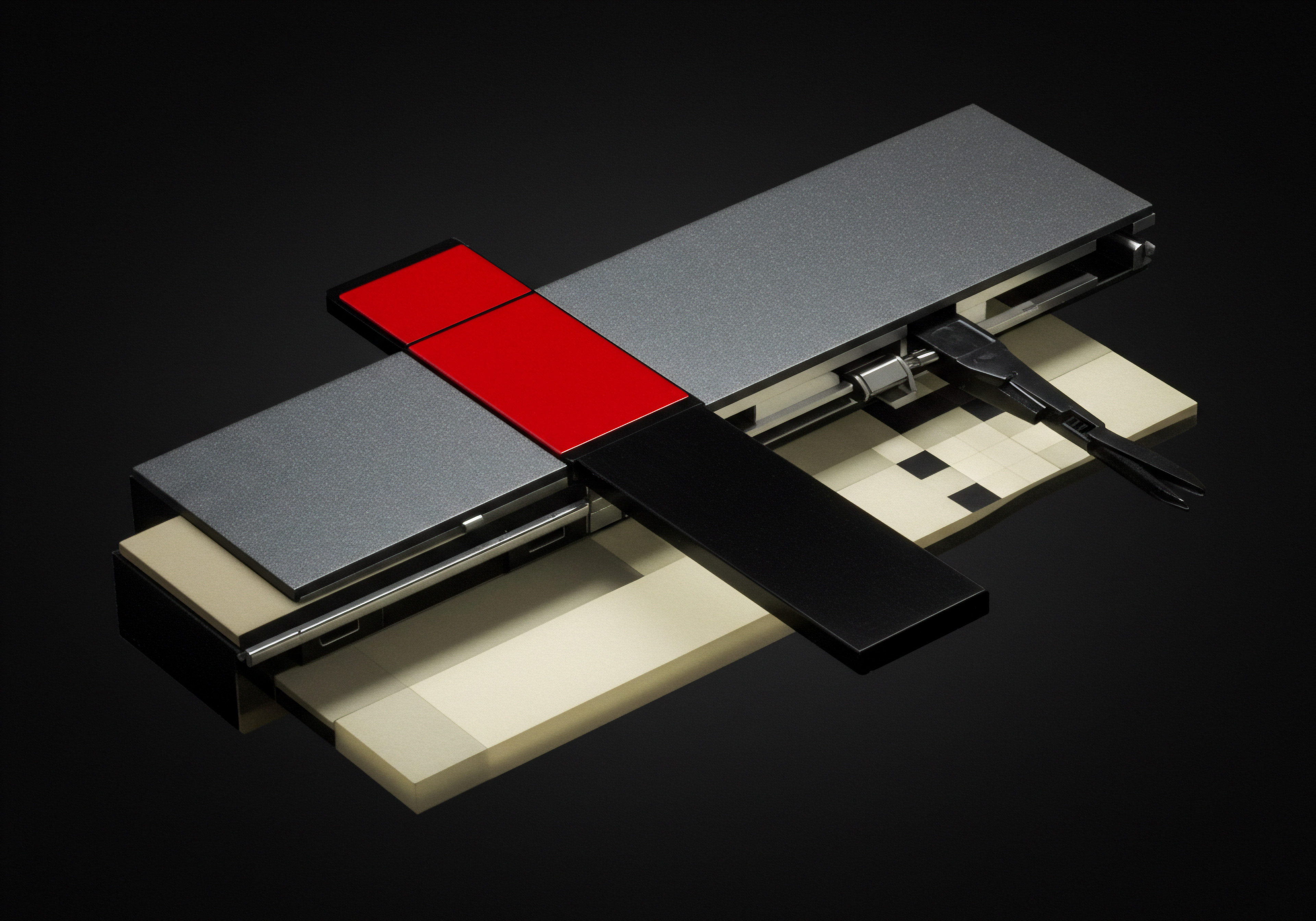 Visual Representation of SMB Automation Strategy Optimizing Business Efficiency and Productivity Against a reflective backdrop, a striking assembly of geometrical elements forms a visual allegory for SMB automation strategy. Layers of grey, red, and pixelated blocks indicate structured data and operational complexity within a modern business landscape. A slender black arm holds minuscule metallic equipment demonstrating integrations and technological leverage, while symbolizing optimization of workflows that is central to development and success.