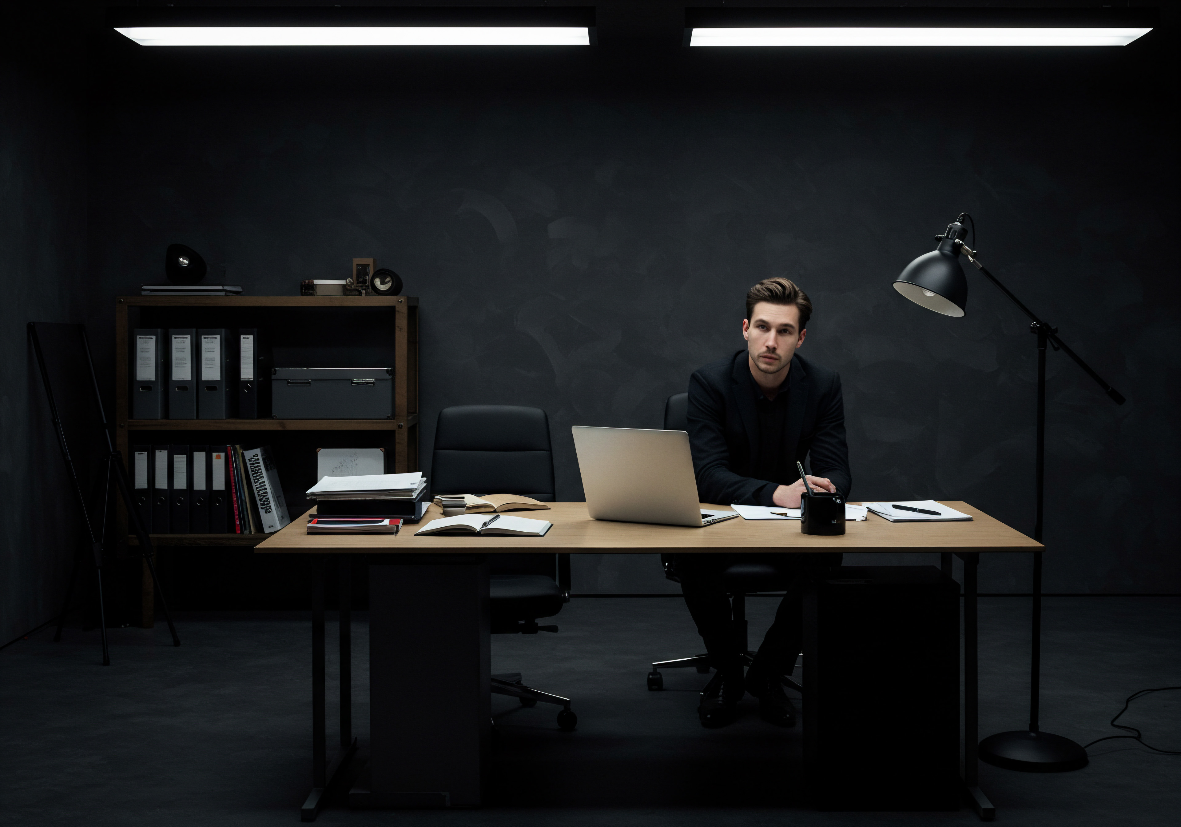 An entrepreneur sits at his large desk in his dark office. The office has a dim interior creating an atmosphere for focused work. The room is sparsely decorated, reflecting an emphasis on practicality over ornamentation. The entrepreneur, dressed in a modern blazer, his presence suggesting a professional dedication to his endeavors and planning for success. A laptop rests on the desk, a digital tool for commerce and connection. Books and notebooks with a pen are spread near the keyboard suggesting active collaboration and a brainstorm to improve operations for his company and team to reach the growth goals for their scaling small to magnifying medium business strategy. Artificial lights illuminate the modern workplace where data and planning coincide. The setting emphasizes resilience.