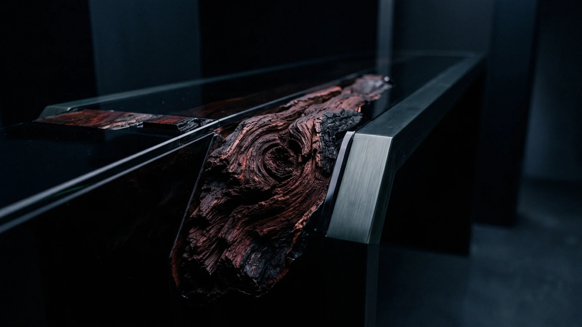 A piece of reddish bark with a knot in it, wedged under the end of a glass and steel rail.