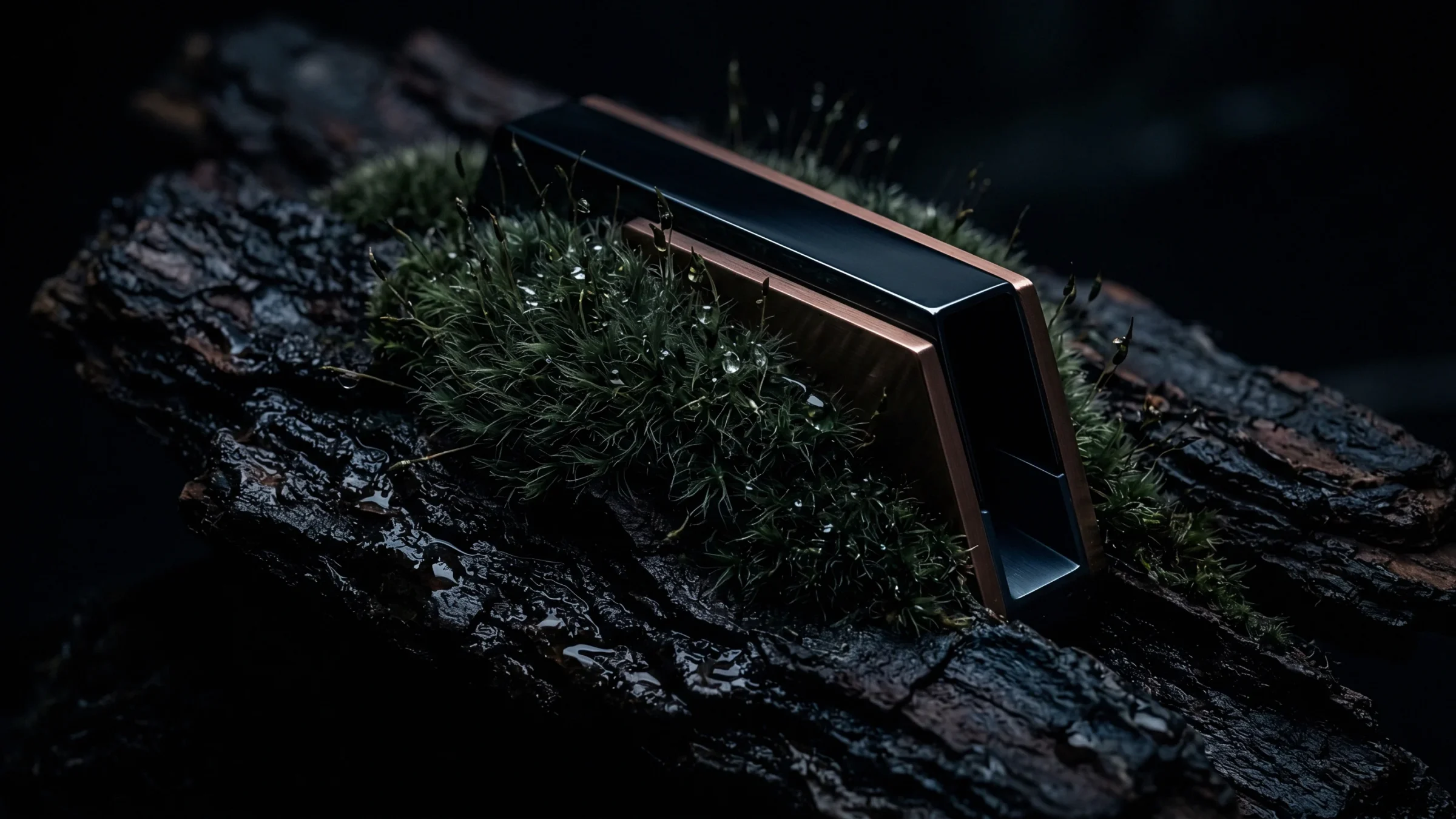 Moss grows over a slab of dark bark, around a slim metal case set into it.