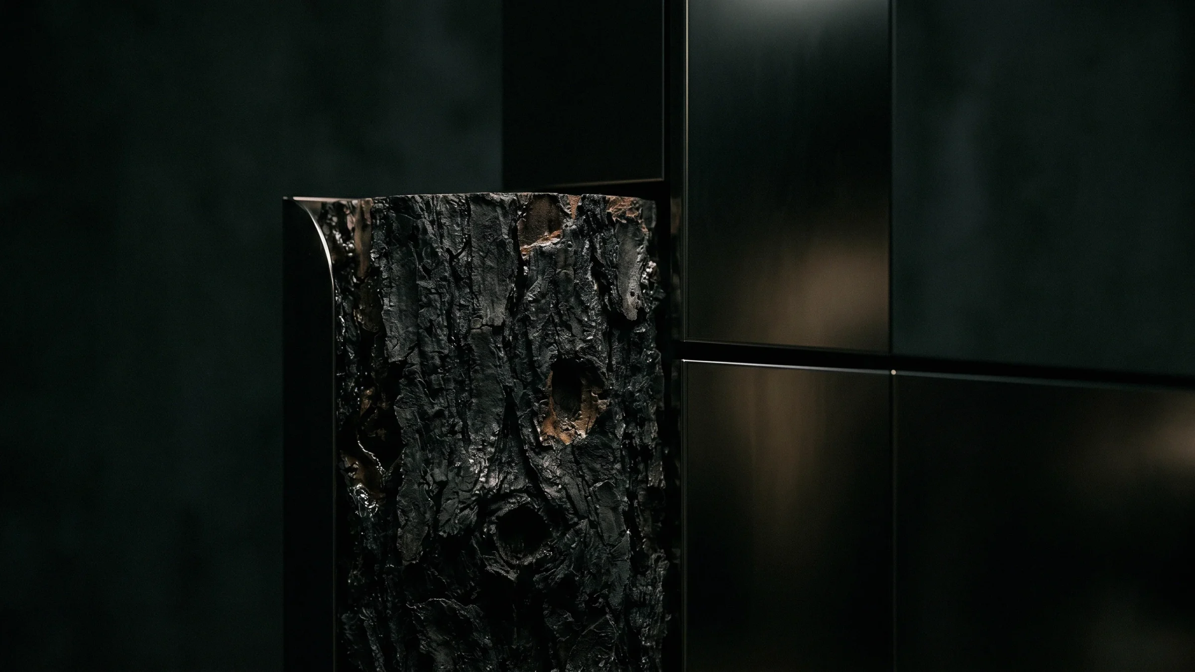 A tall panel of rough bark in a steel edge, mounted on a wall of dark metal plates.