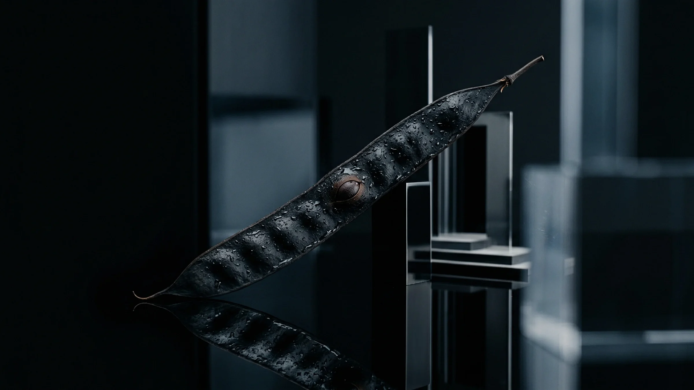 A long dark seed pod, its seeds showing as bumps, rests on a steel bracket.
