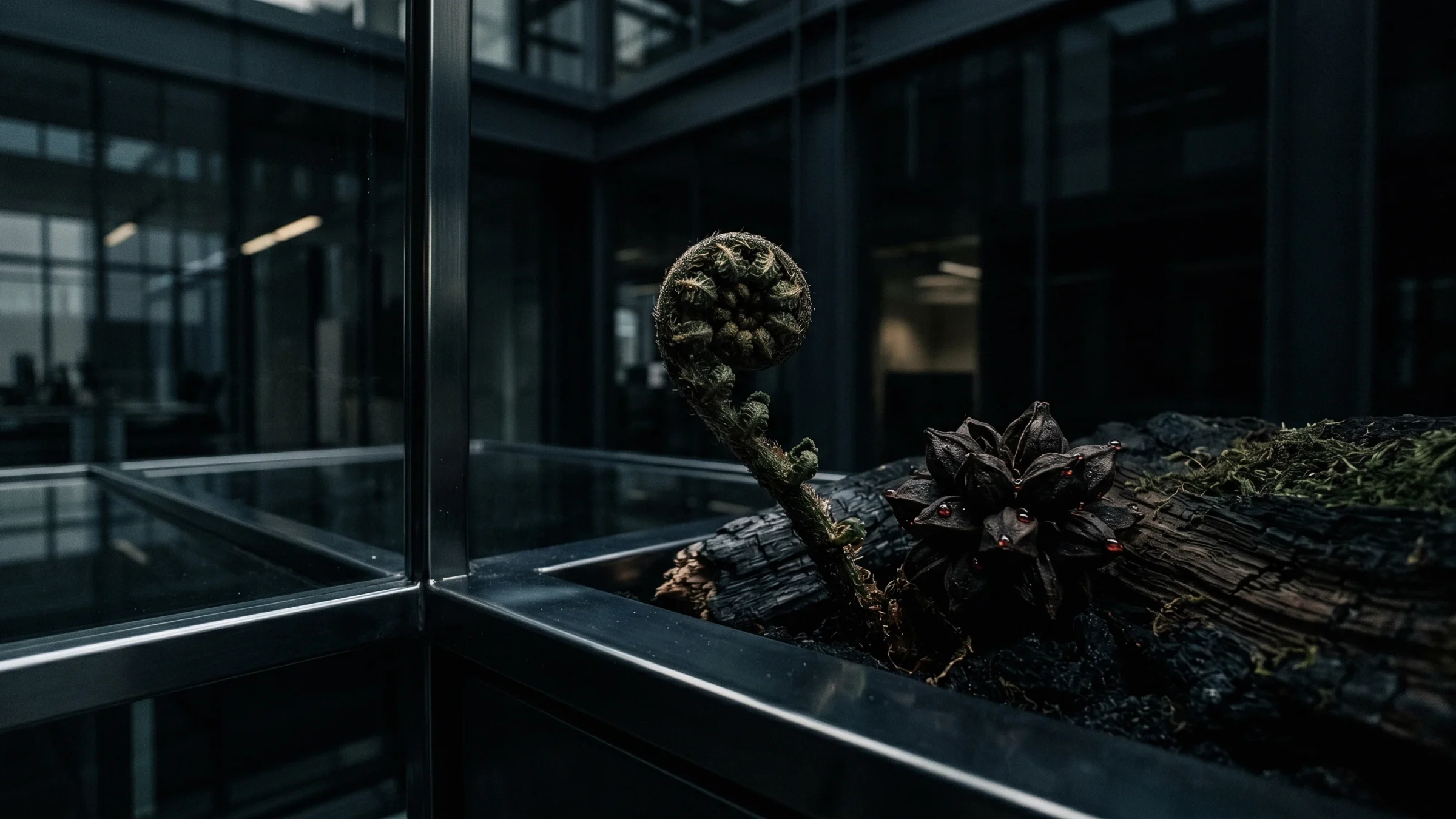 A fern fiddlehead and a dark seed head rise from a charred log in a glass-sided planter, with office floors behind.