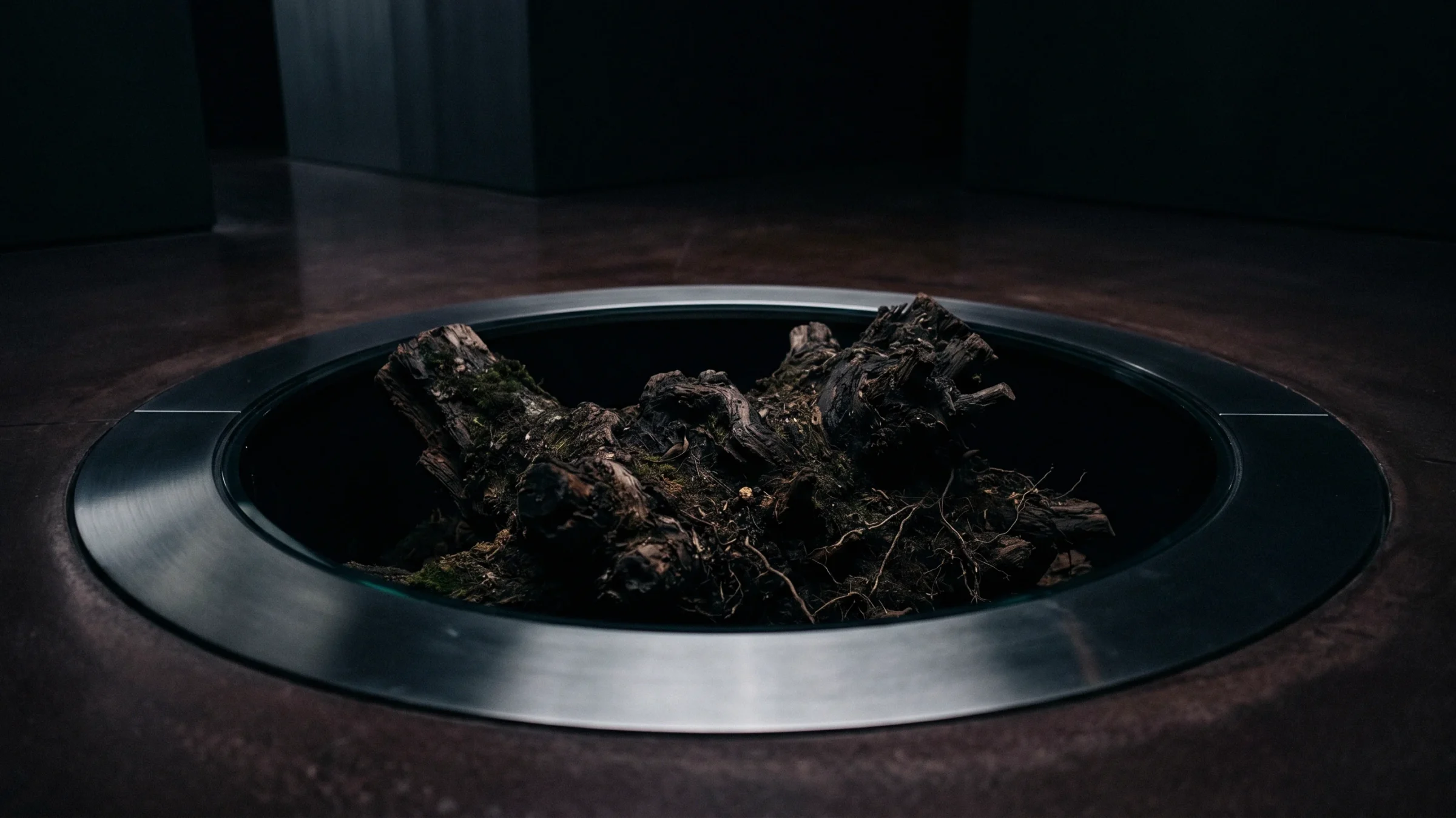 A piece of gnarled root wood lies in a round steel-rimmed opening in the floor.