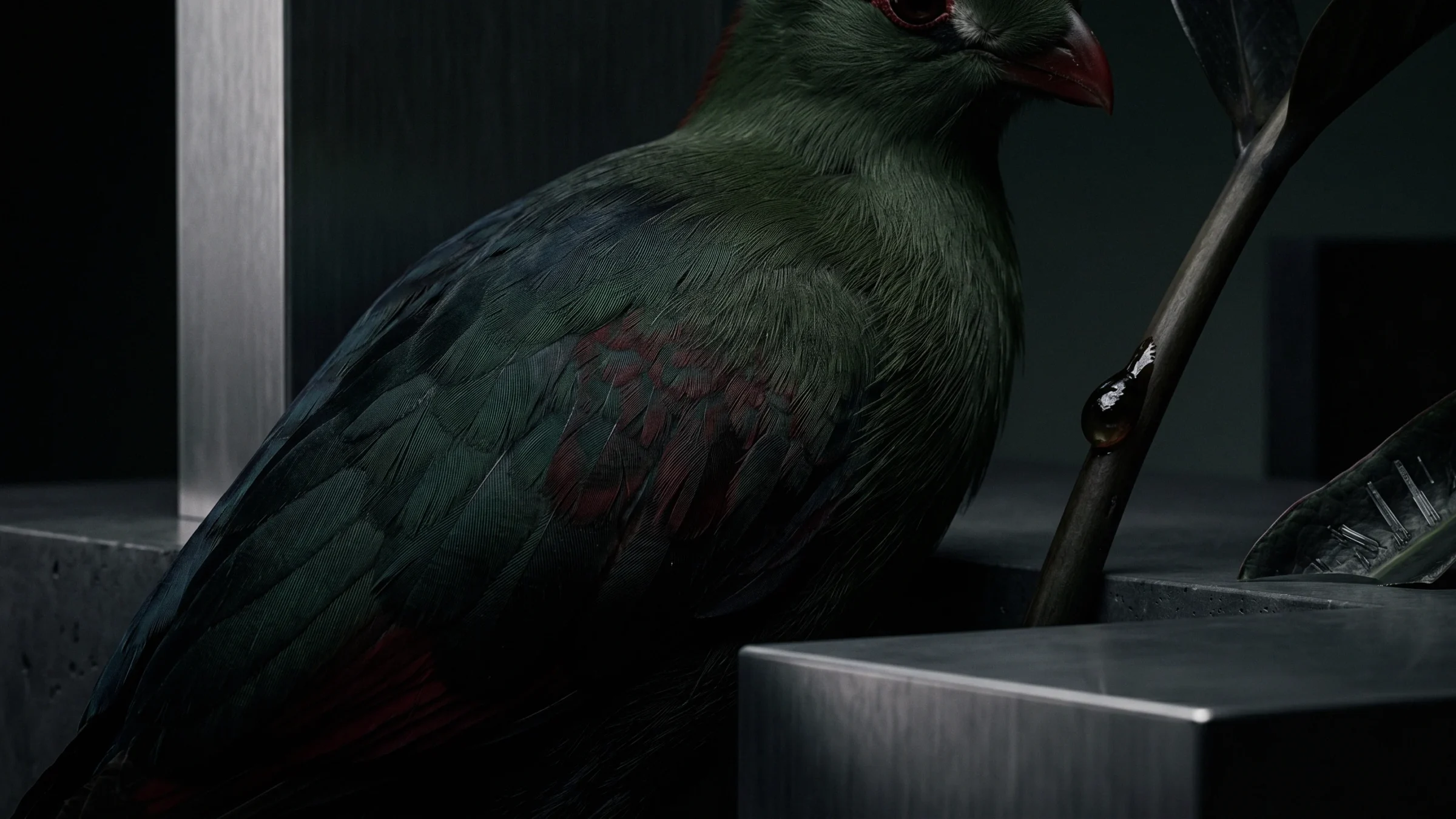 A green bird with red in its wing and a red beak sits on a steel block beside a dark stem.