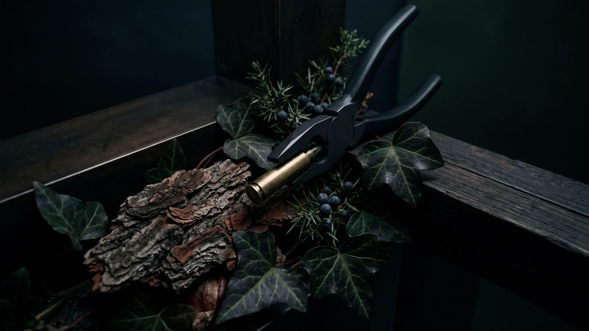 Ivy, juniper, a piece of bark and a pair of pliers laid on a dark wooden rail.