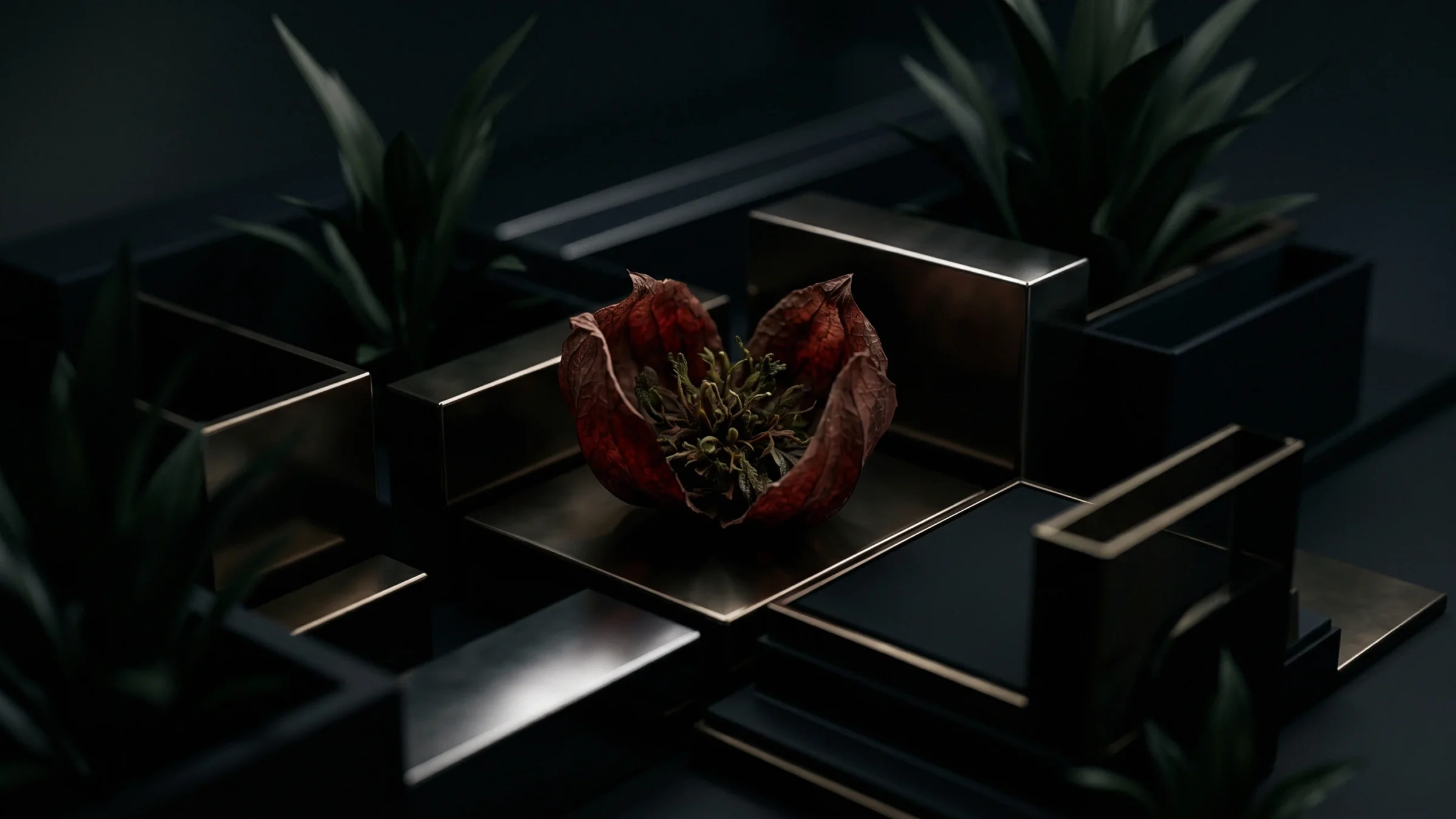 A red husk, split open to show its pale core, sits among small metal blocks and spiky plants.