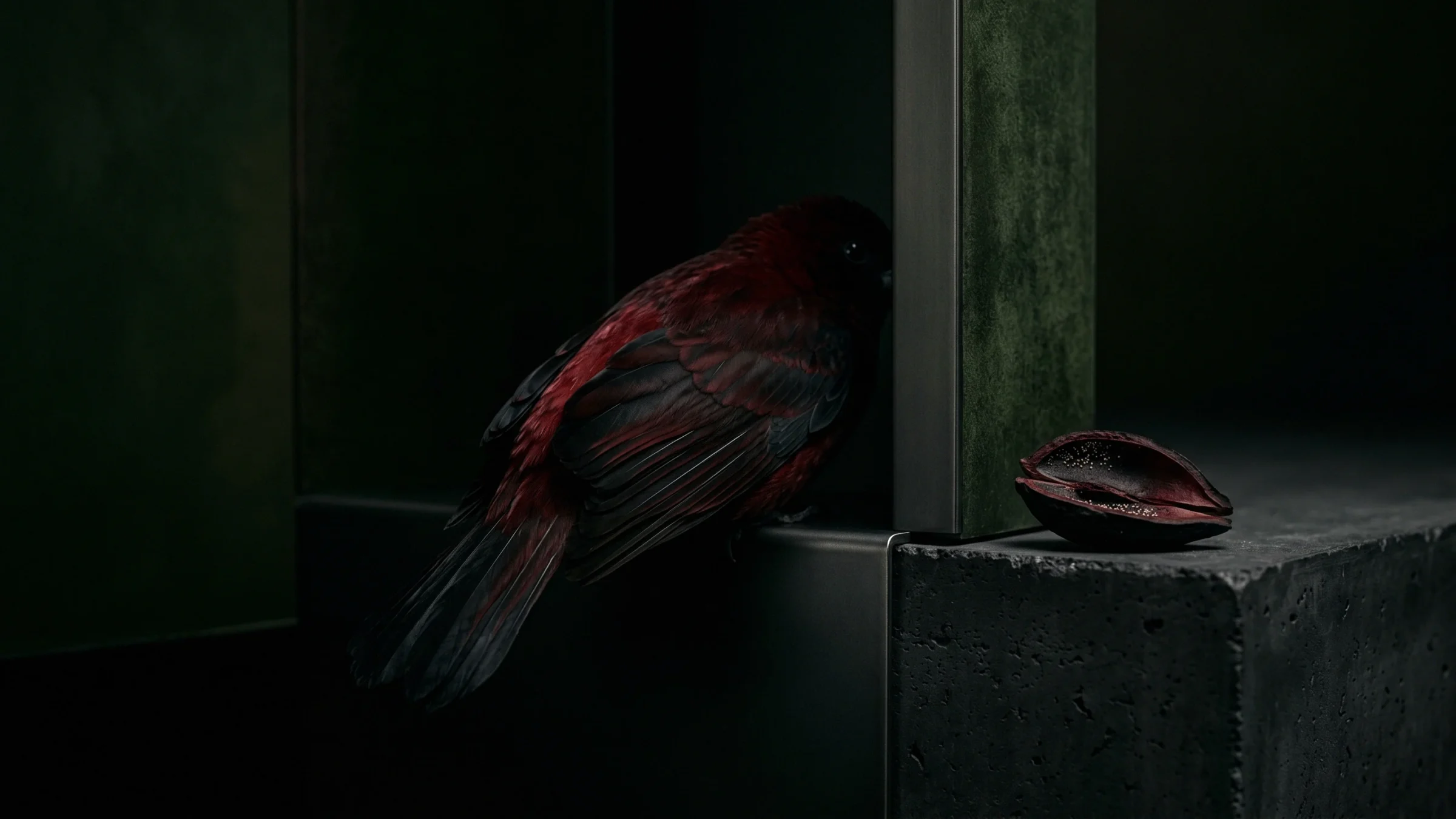 A red and dark bird sits on a concrete ledge by a steel post, with an open seed pod beside it.