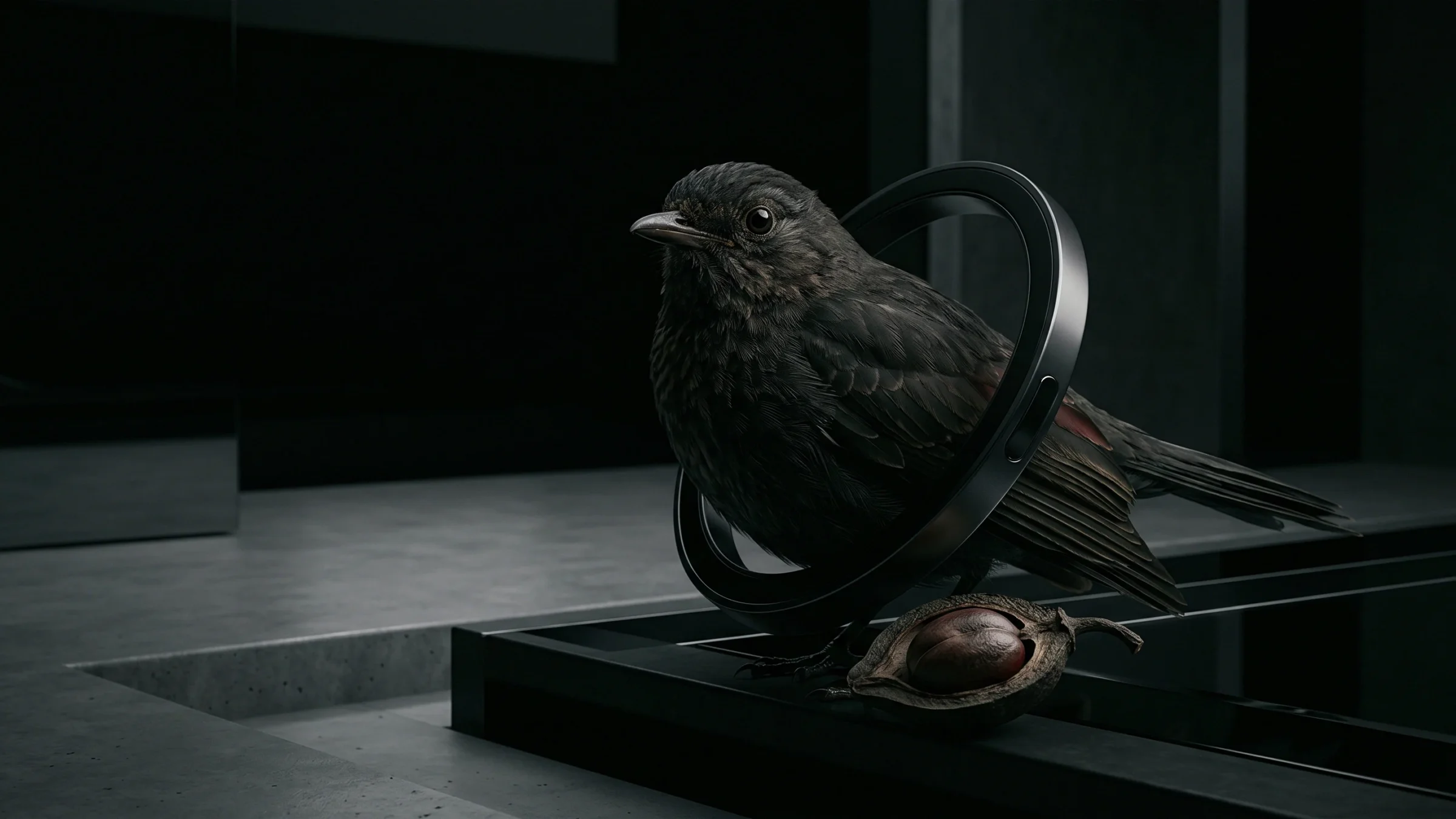 A small brown bird stands inside an upright metal ring, with a split nut at its feet.