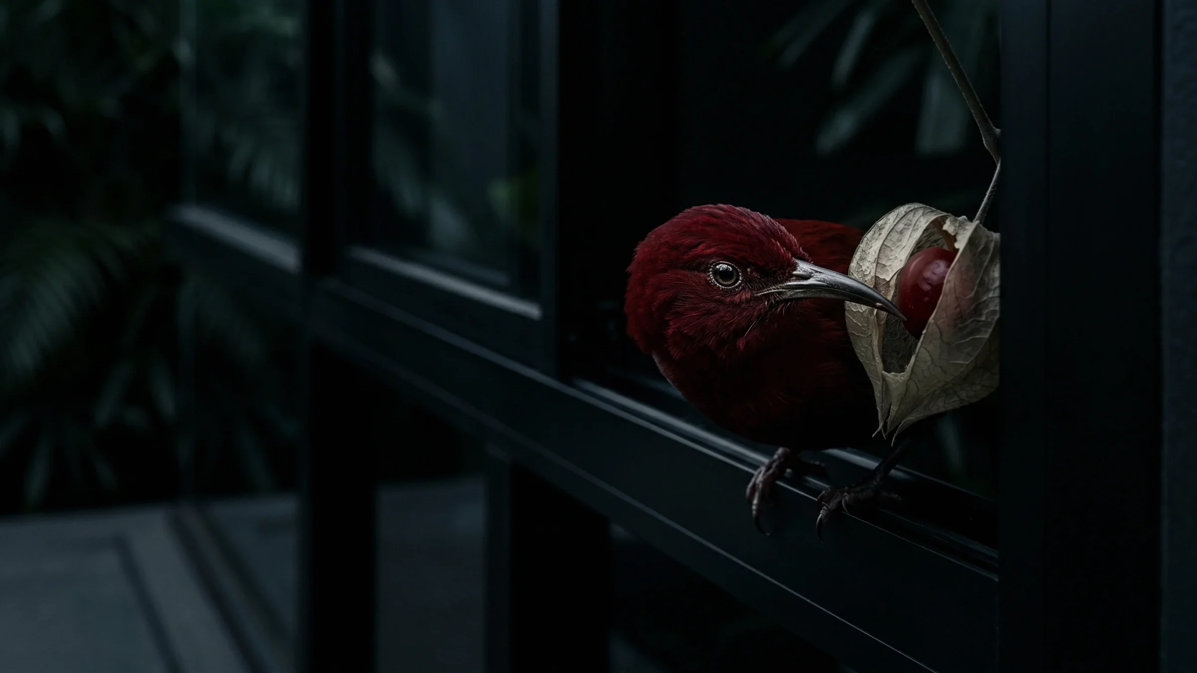 A red bird on a window frame holds a papery lantern fruit with a red berry inside.