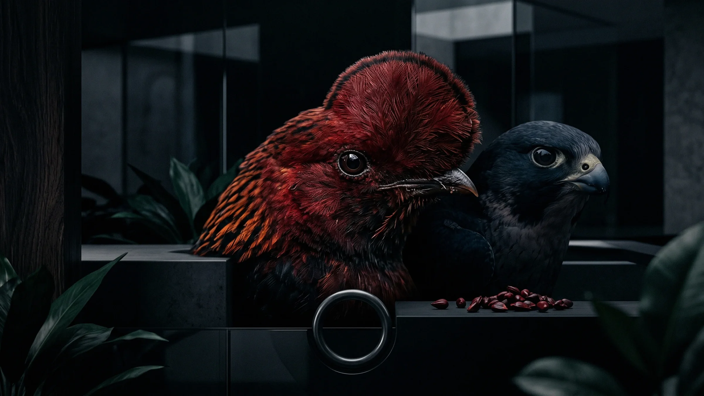 A red crested bird and a dark falcon sit side by side on a ledge, with red seeds scattered in front.