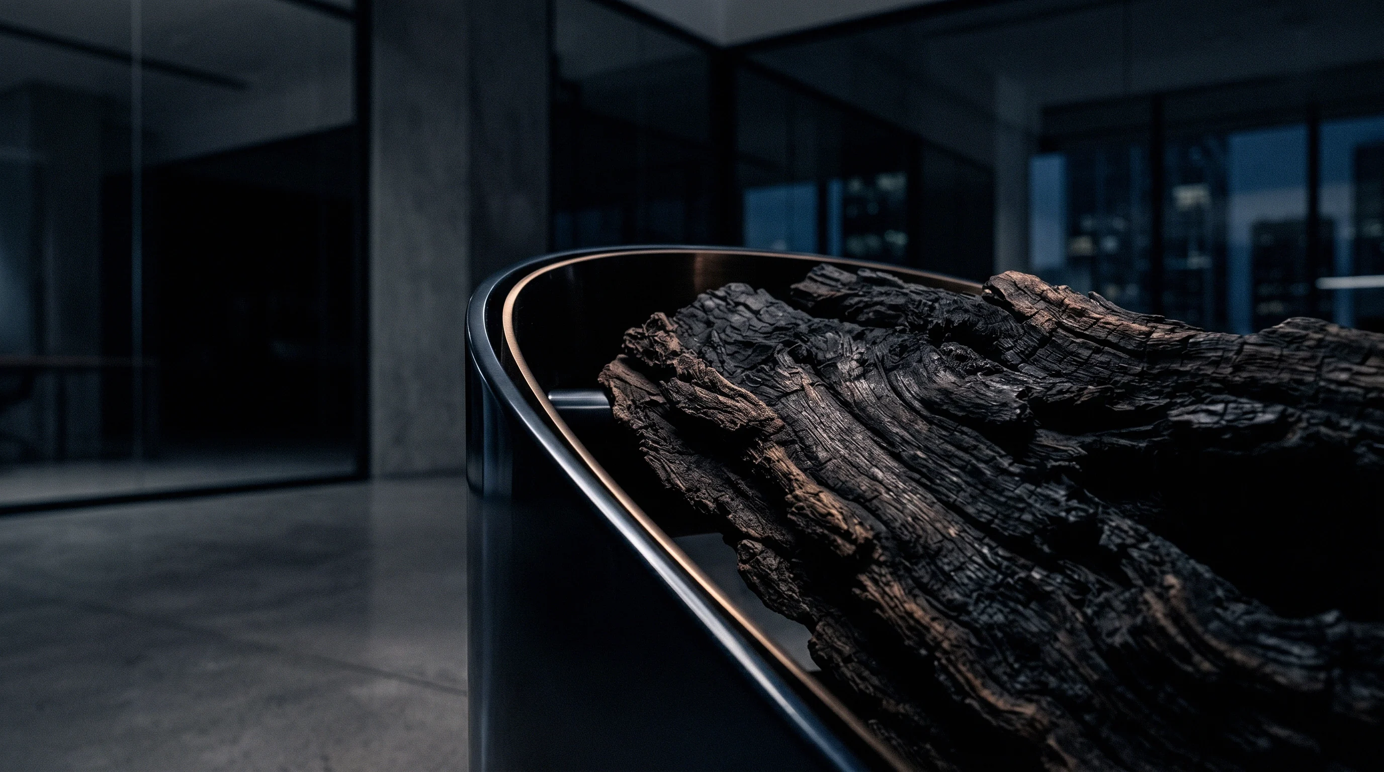 A length of charred, deeply cracked wood lies in a curved steel rail in an empty office hall.