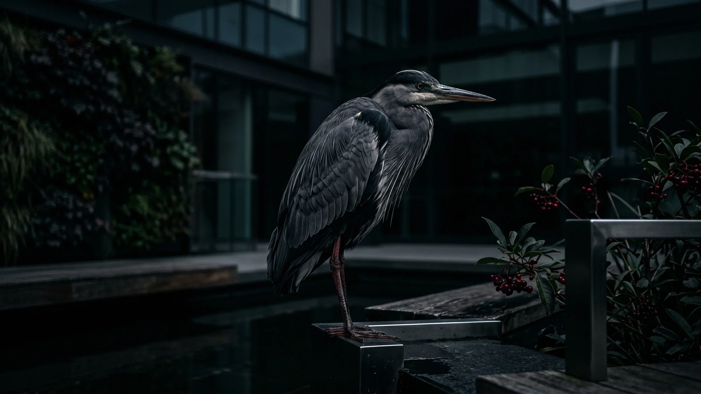 A gray heron stands on a steel post over dark water, with a green wall and red berries behind.