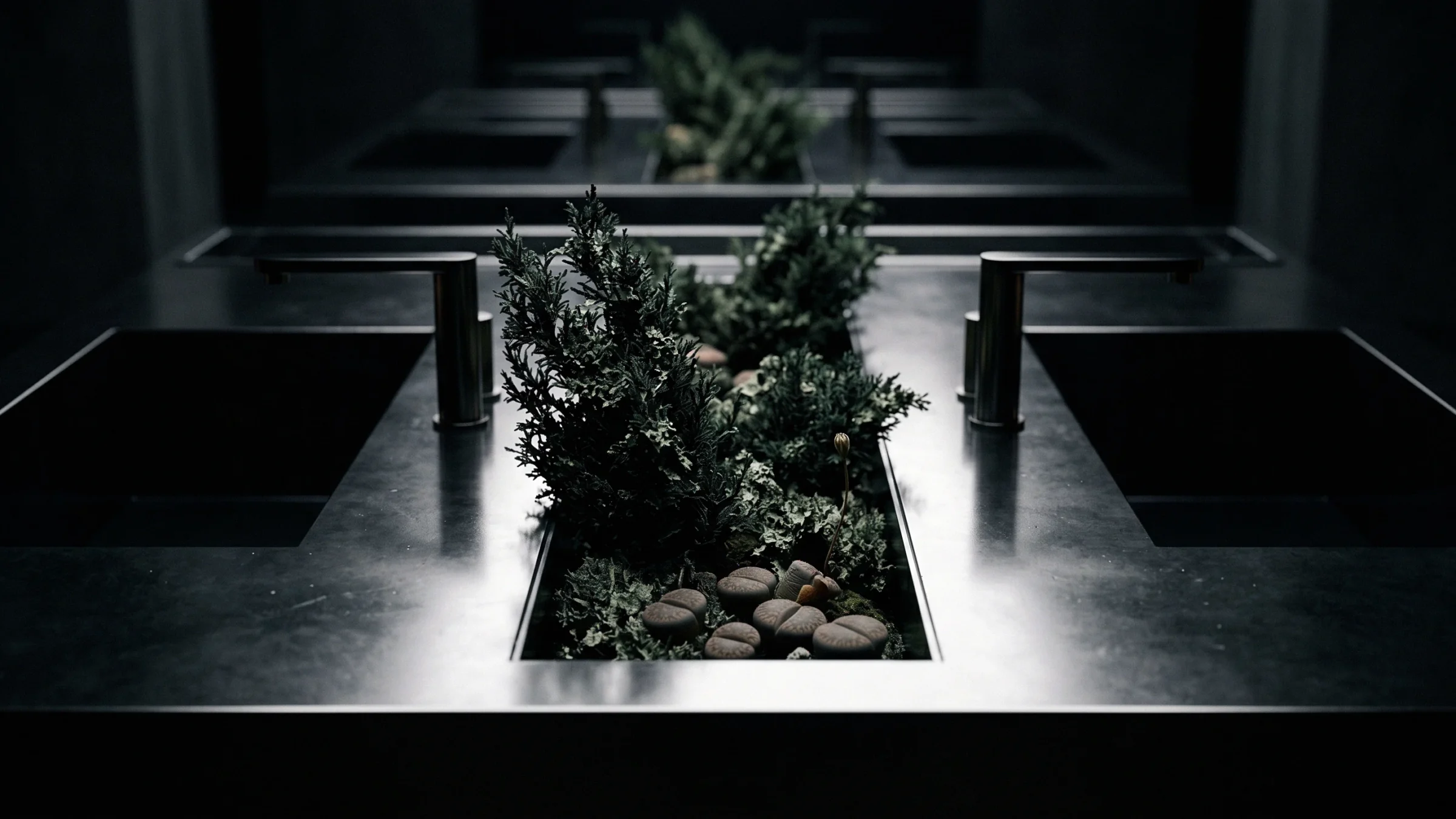 Small conifers, moss and stone-like plants grow in a channel between two steel basins with taps.