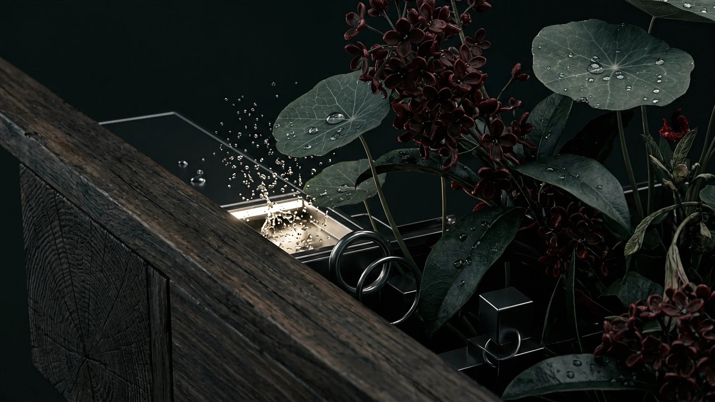 Round leaves beaded with water and clusters of dark red flowers beside an old wooden beam, with water spraying.