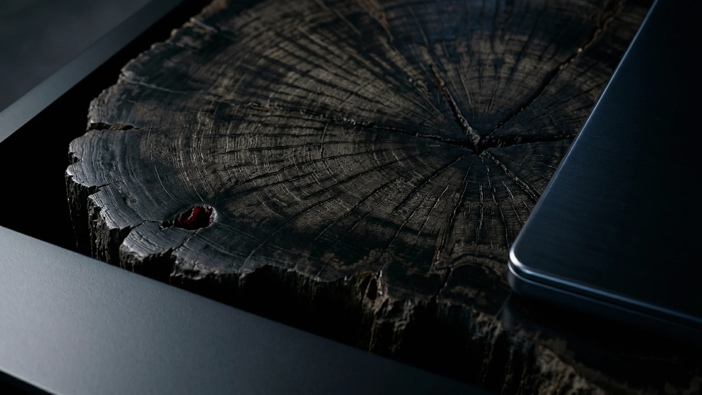 A dark slice of trunk, cracked from the center, lies beside a brushed steel plate.