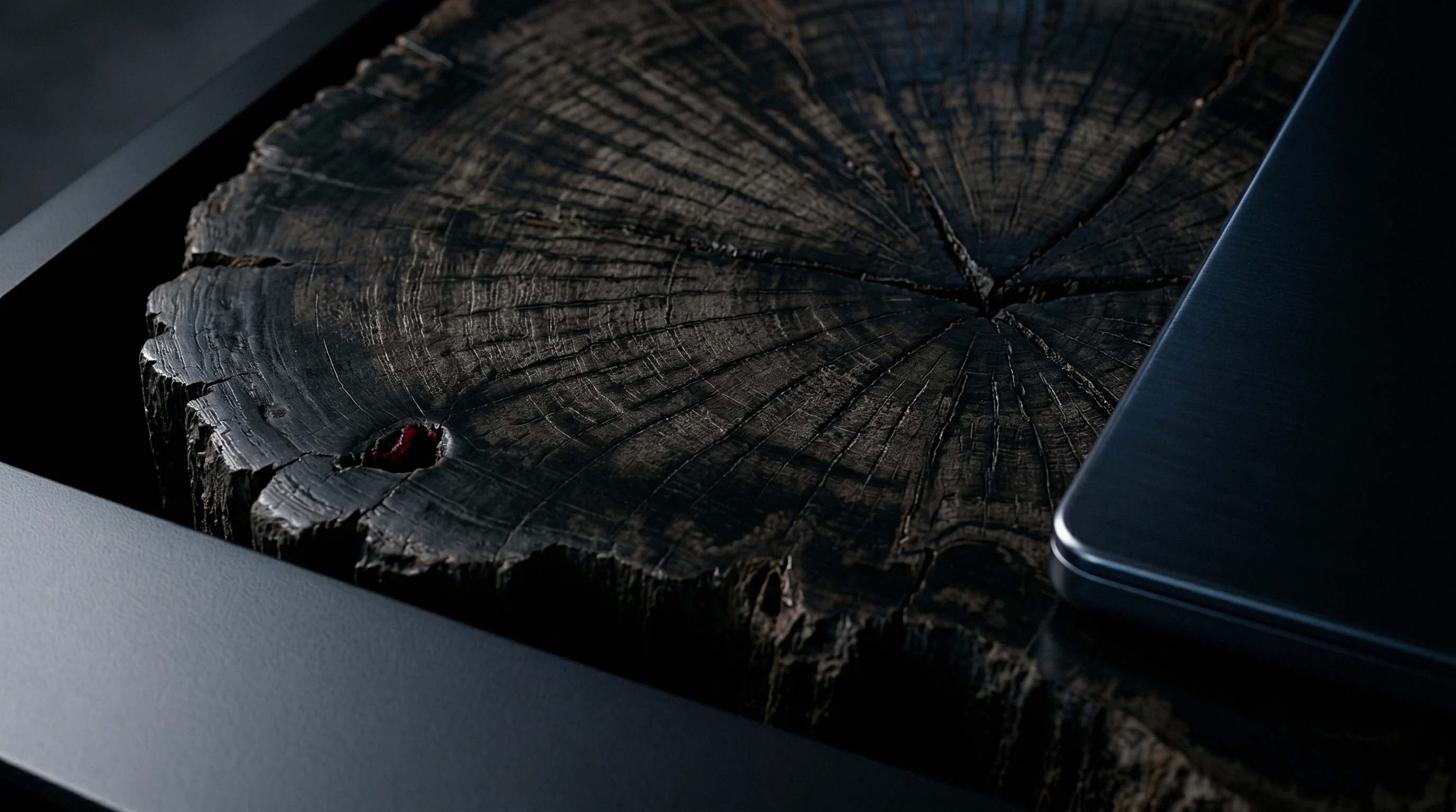 A dark slice of trunk, cracked from the center, lies beside a brushed steel plate.