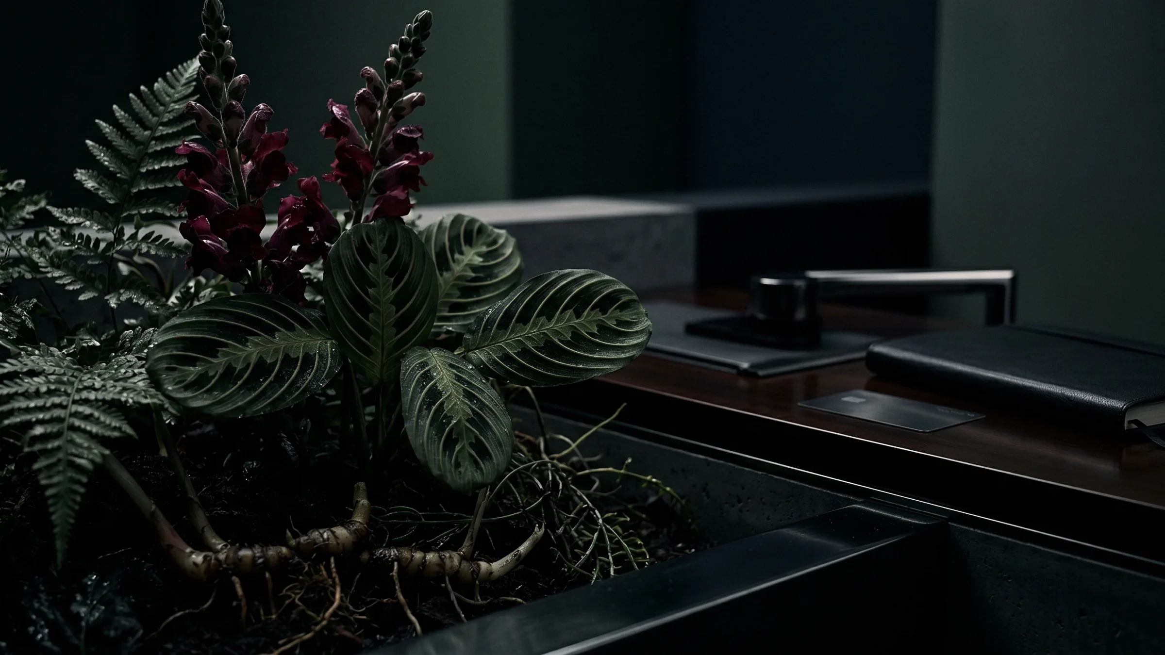 A plant with striped leaves, dark red flower spikes and ferns in a planter, with roots showing, beside a desk with a notebook.