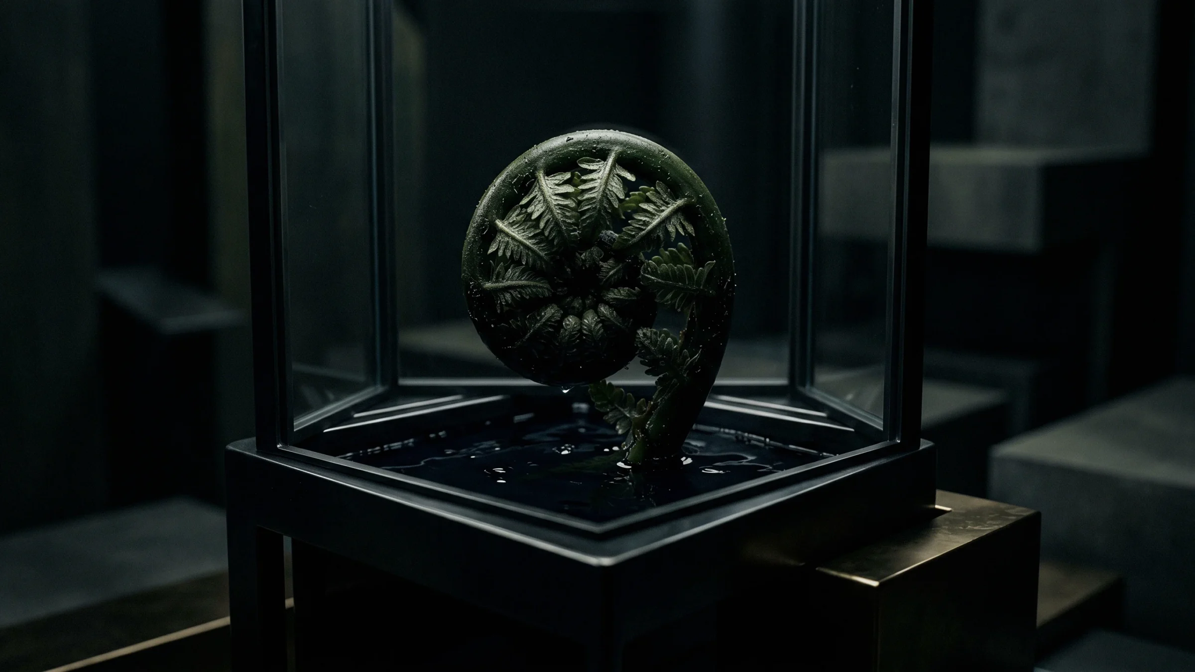 A coiled fern fiddlehead stands over dark water inside a tall glass case.