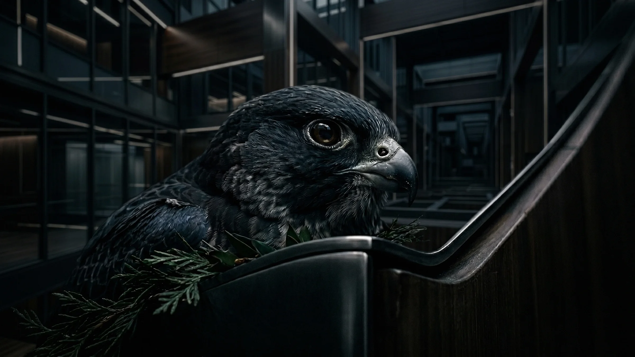 The head of a falcon looks out over a curved steel rail, with evergreen sprigs at its chest.