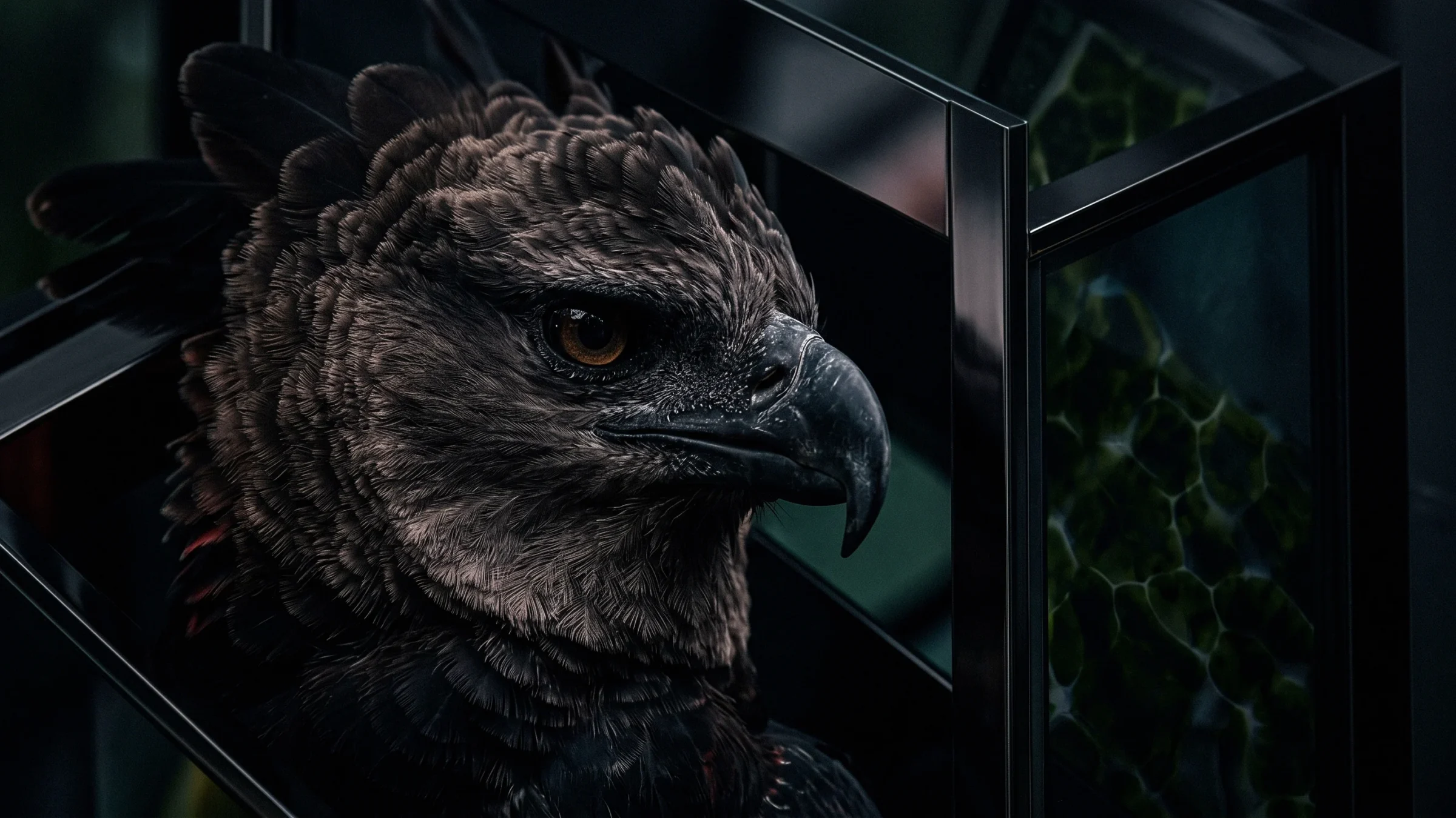 The head of an eagle in profile, its crest raised, beside a steel and glass frame.